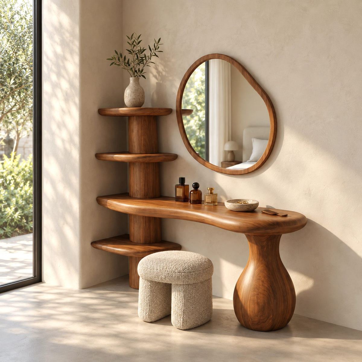 Organic Sculptural Vanity Table With Tiered Shelf Column For Bedroom