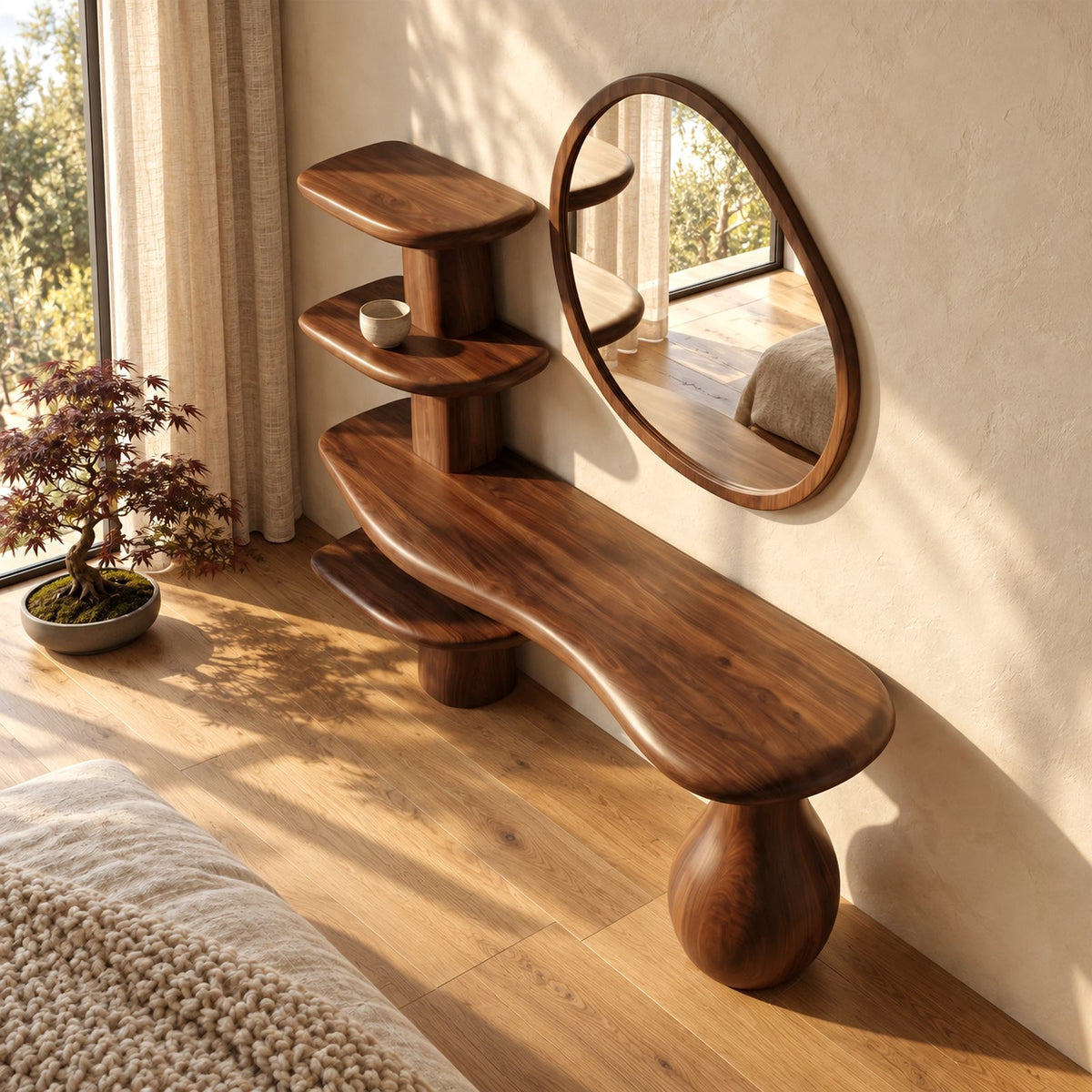 Organic Sculptural Vanity Table With Tiered Shelf Column For Bedroom