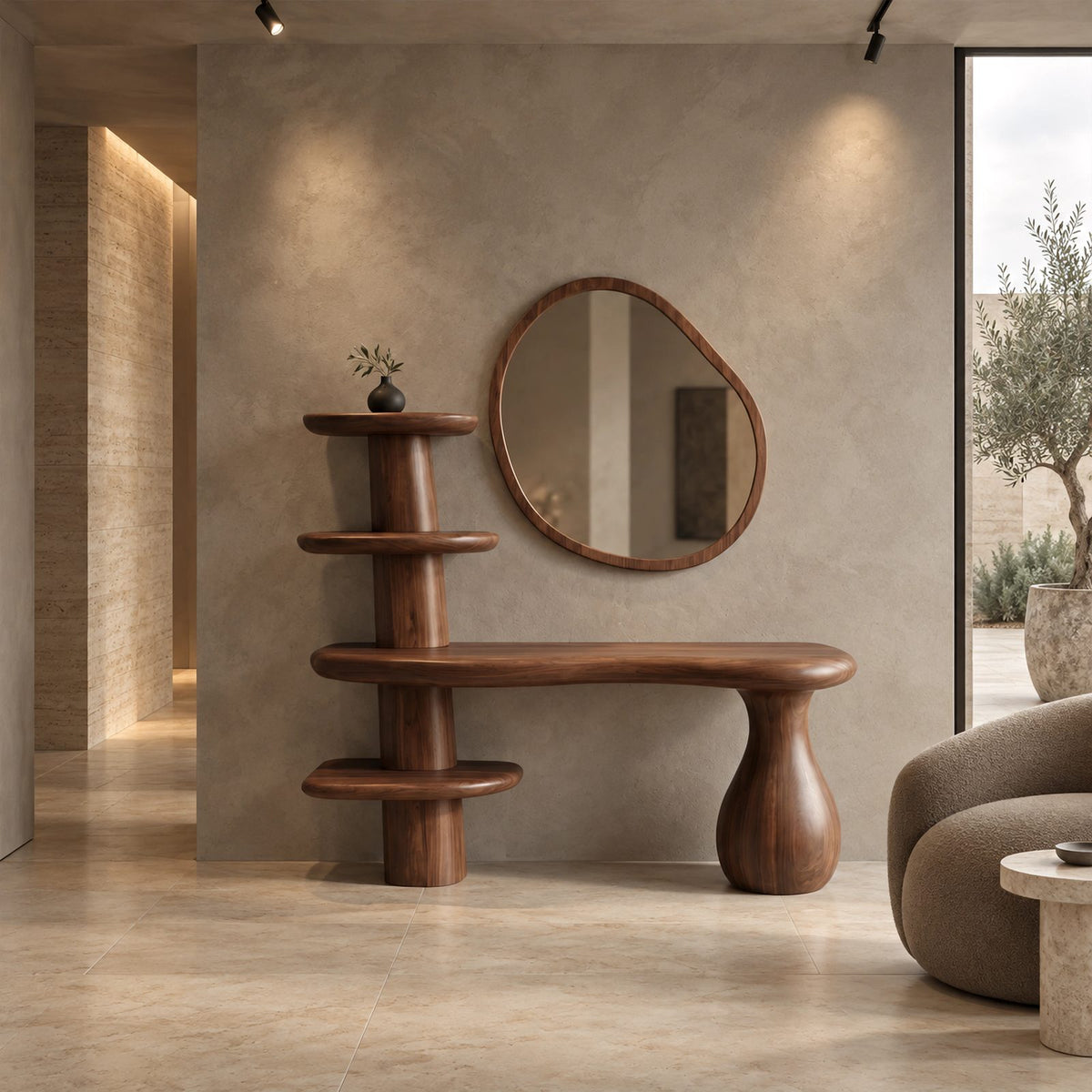 Organic Sculptural Vanity Table With Tiered Shelf Column For Bedroom