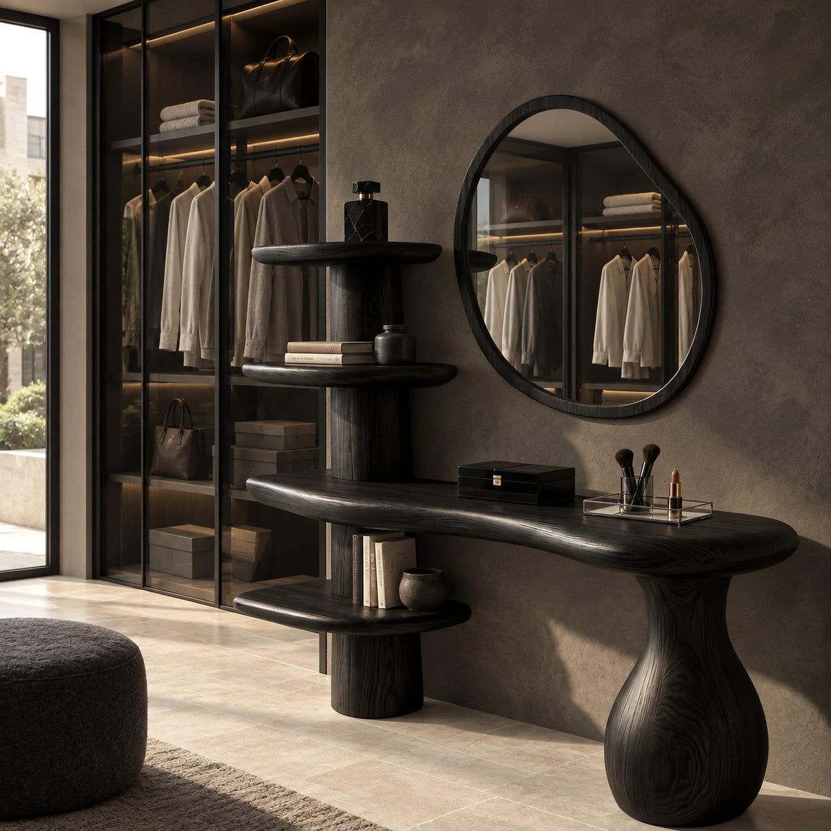 Organic Sculptural Vanity Table With Tiered Shelf Column For Bedroom