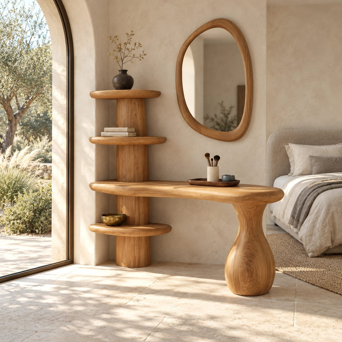 Organic Sculptural Vanity Table With Tiered Shelf Column For Bedroom