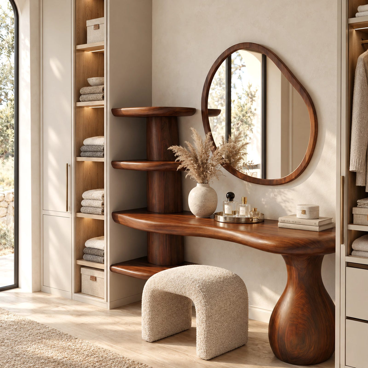 Organic Sculptural Vanity Table With Tiered Shelf Column For Bedroom