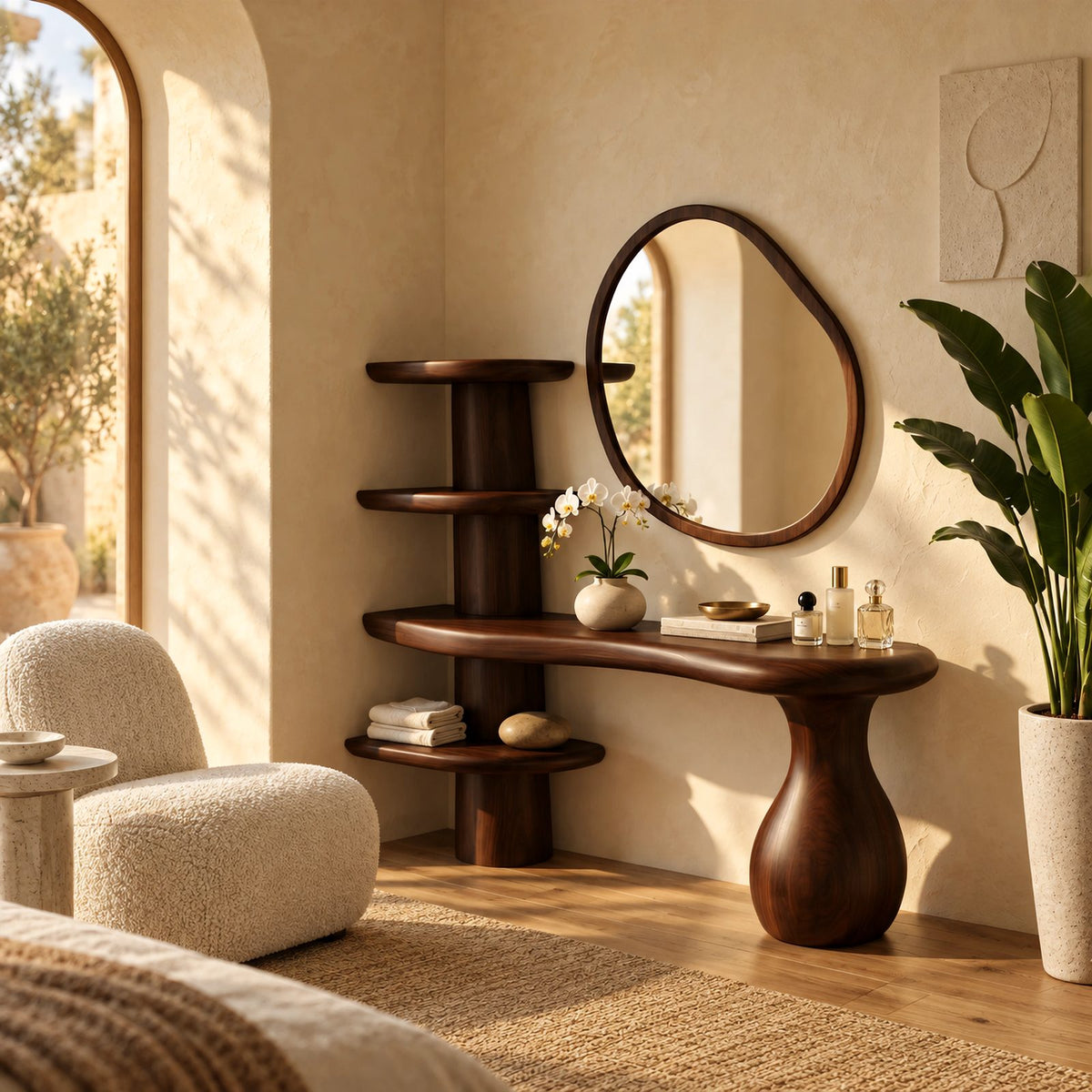 Organic Sculptural Vanity Table With Tiered Shelf Column For Bedroom