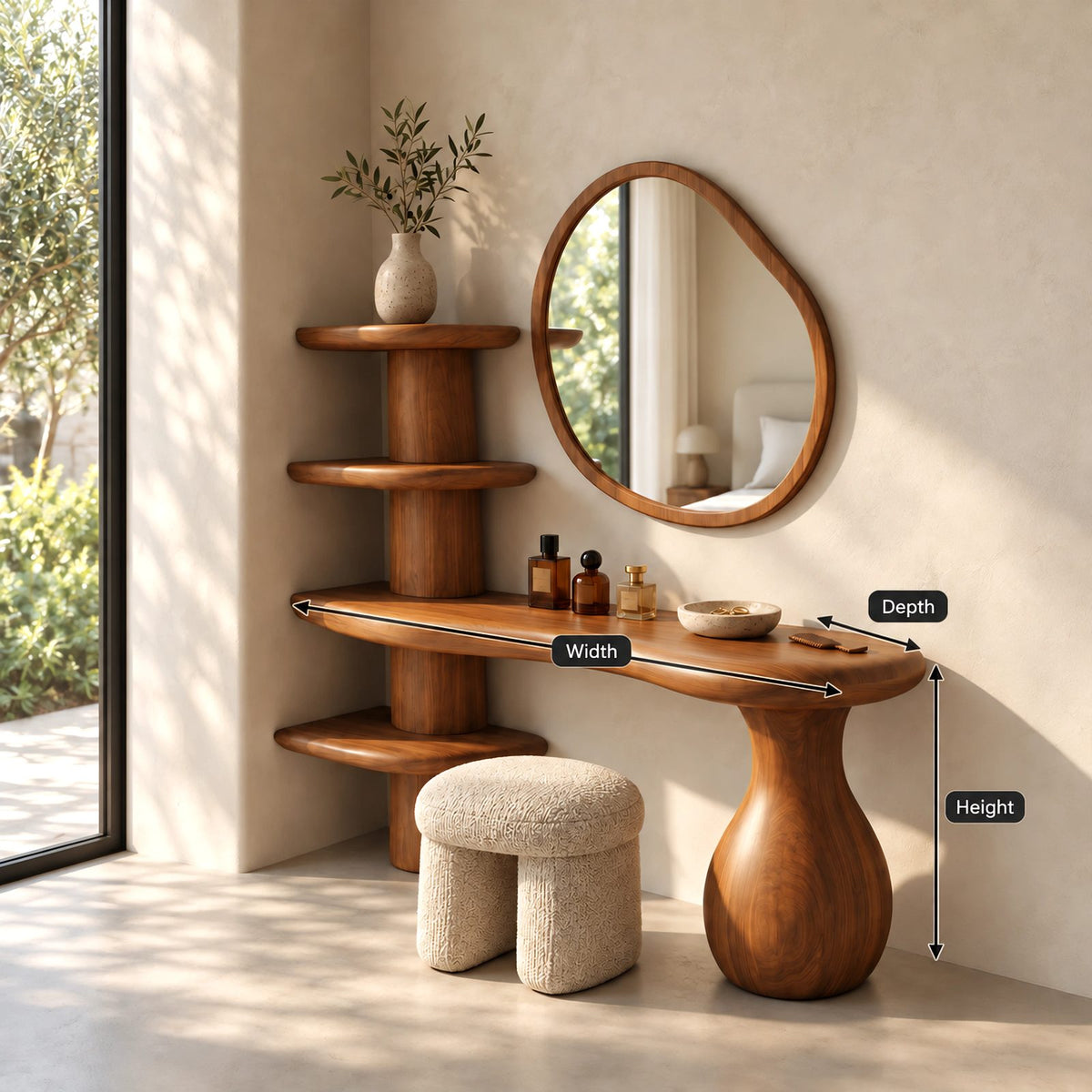 Organic Sculptural Vanity Table With Tiered Shelf Column For Bedroom
