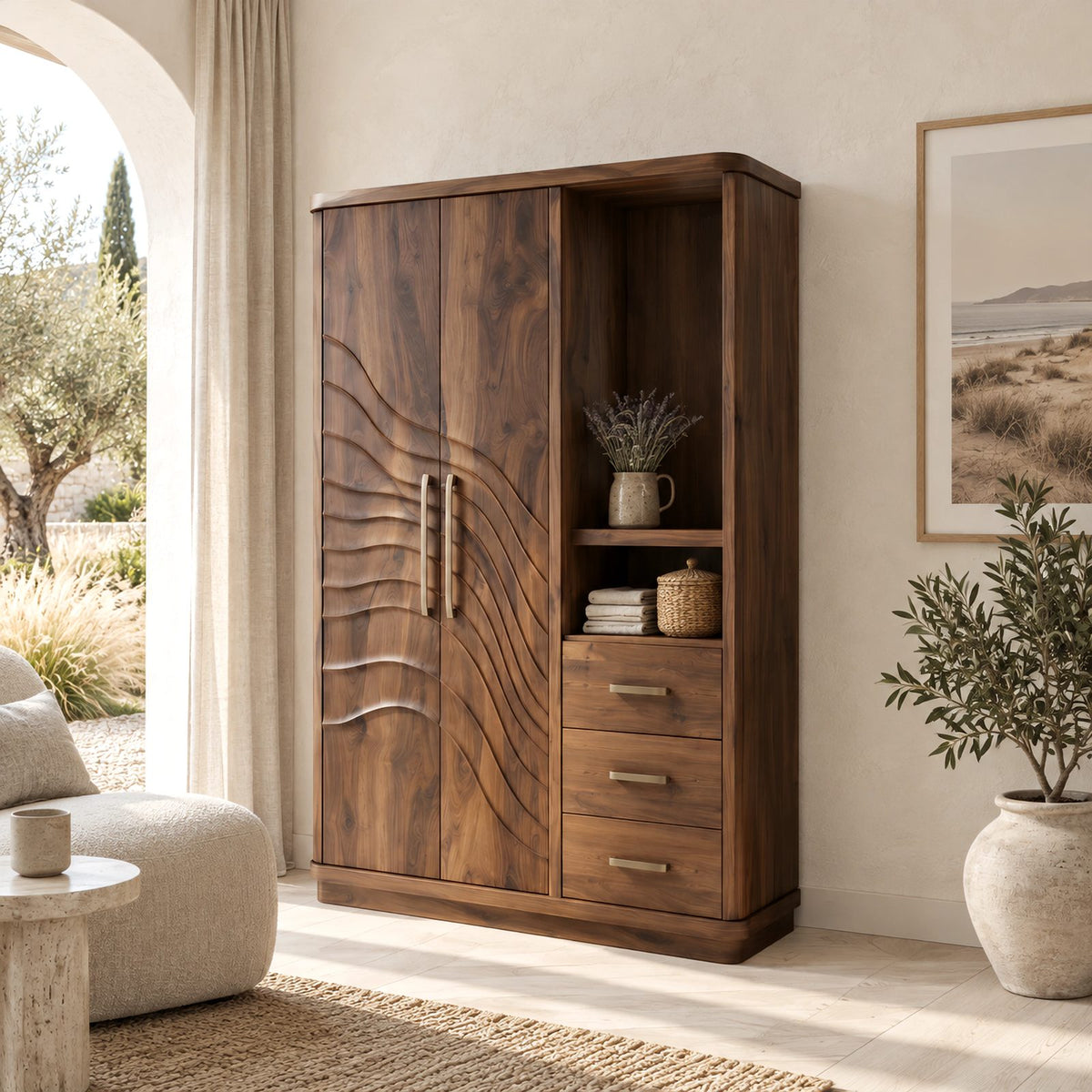 Artistic Solid Wood Armoire With Carved Wave Doors For Bedroom