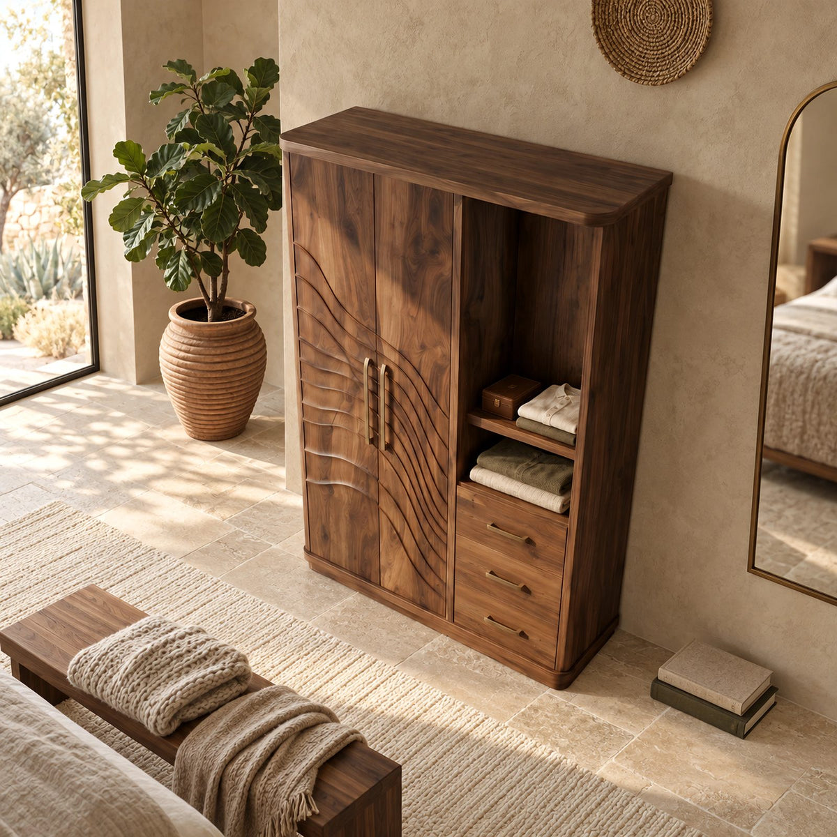 Artistic Solid Wood Armoire With Carved Wave Doors For Bedroom