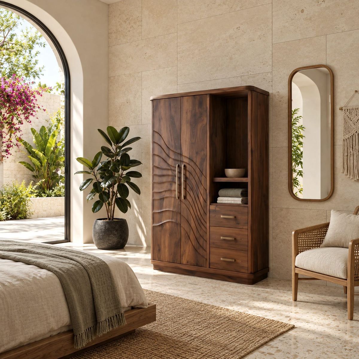 Artistic Solid Wood Armoire With Carved Wave Doors For Bedroom