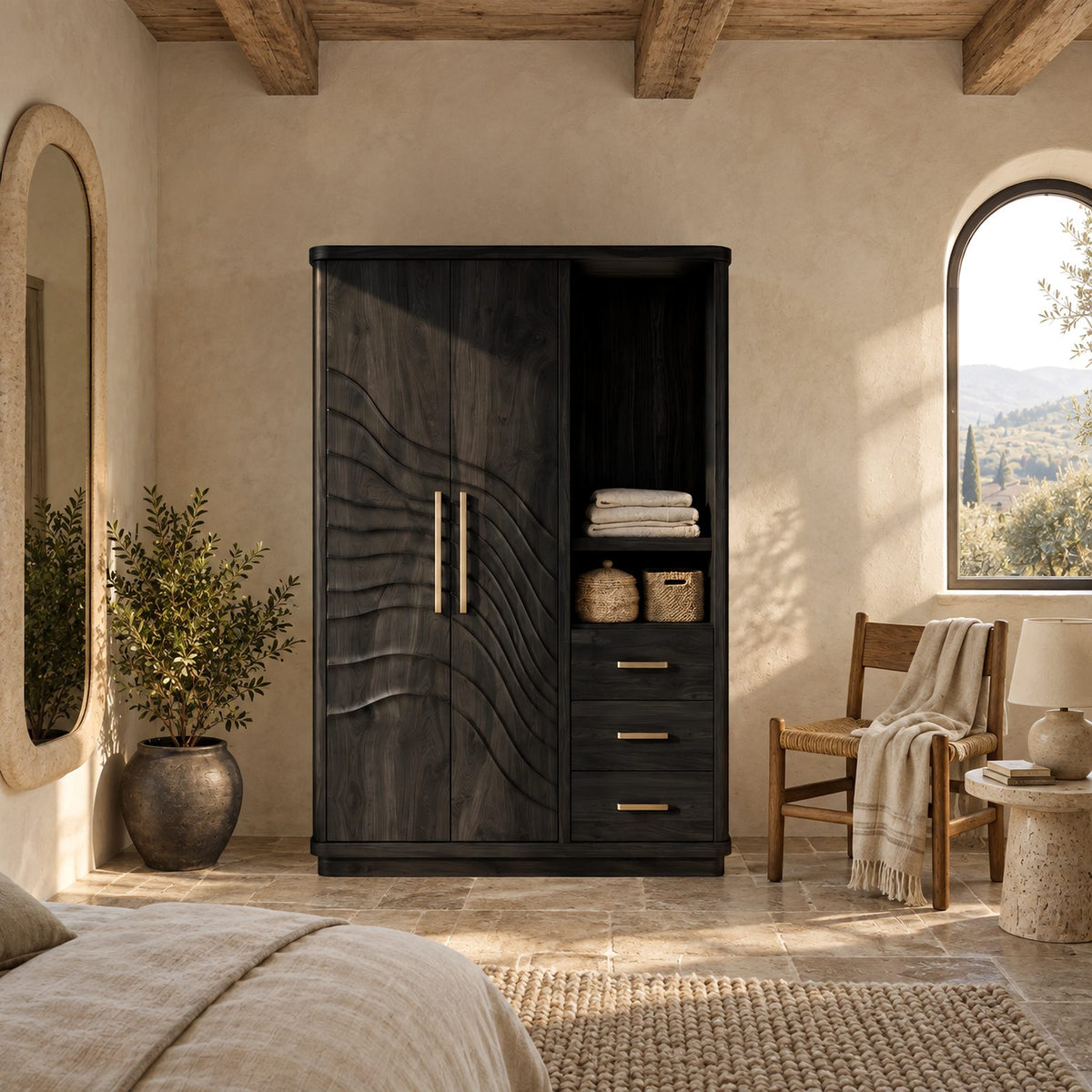 Artistic Solid Wood Armoire With Carved Wave Doors For Bedroom