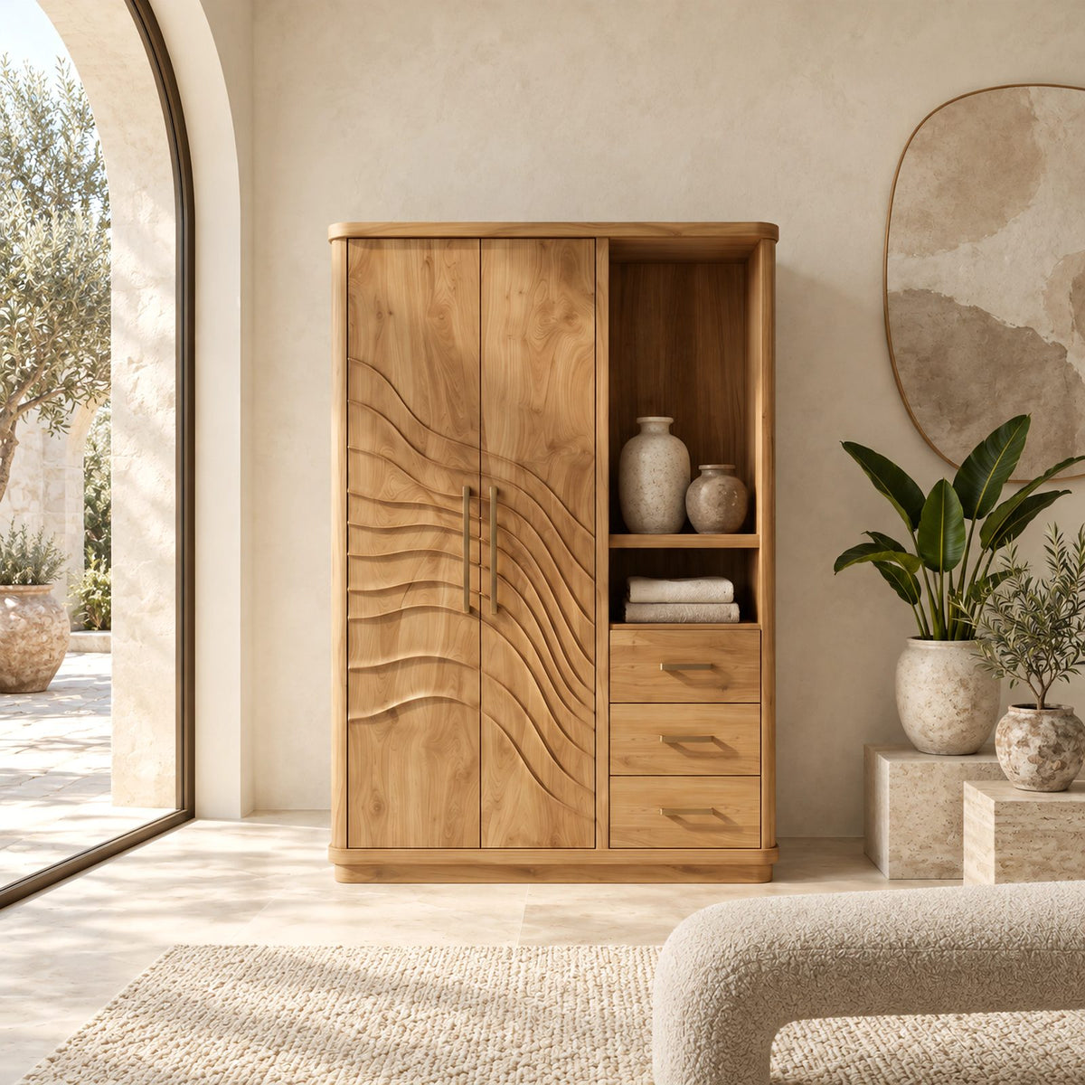 Artistic Solid Wood Armoire With Carved Wave Doors For Bedroom