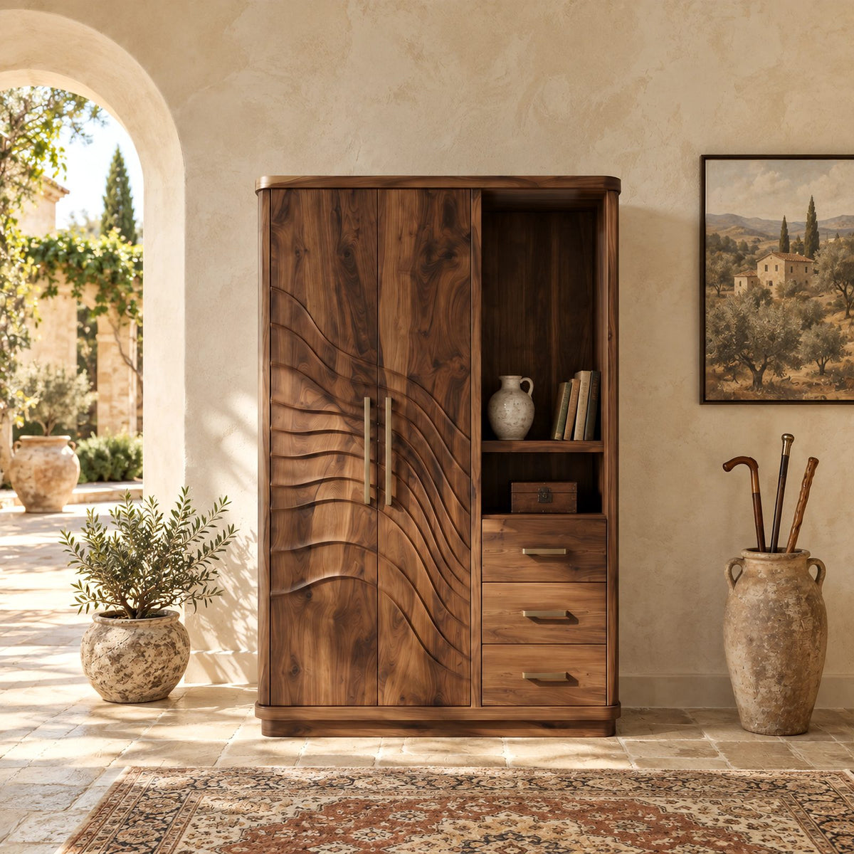 Artistic Solid Wood Armoire With Carved Wave Doors For Bedroom