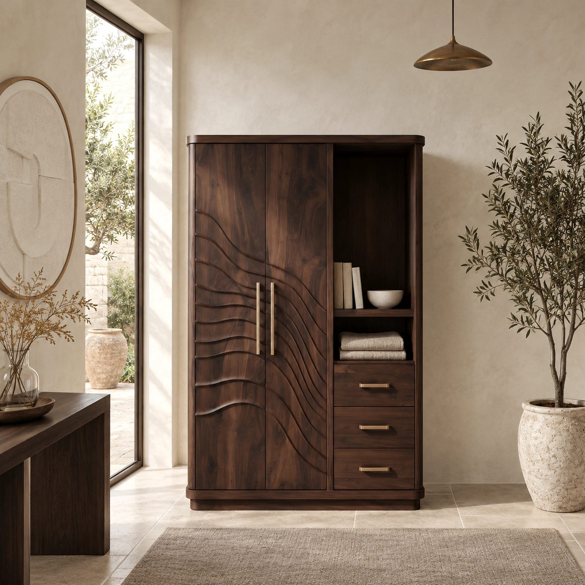 Artistic Solid Wood Armoire With Carved Wave Doors For Bedroom