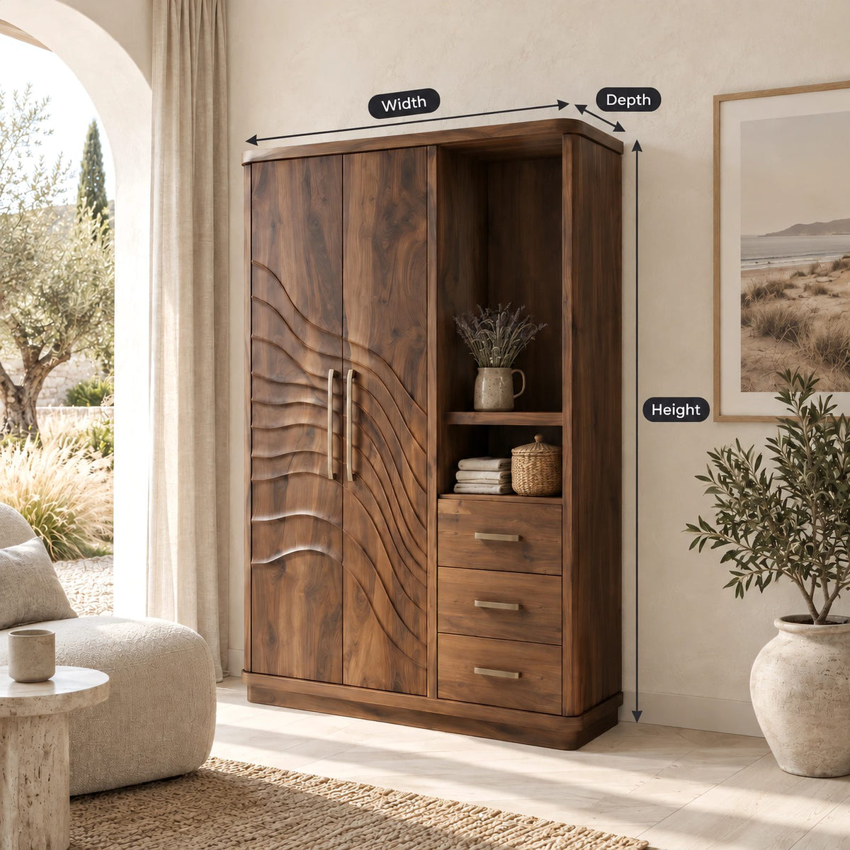 Artistic Solid Wood Armoire With Carved Wave Doors For Bedroom