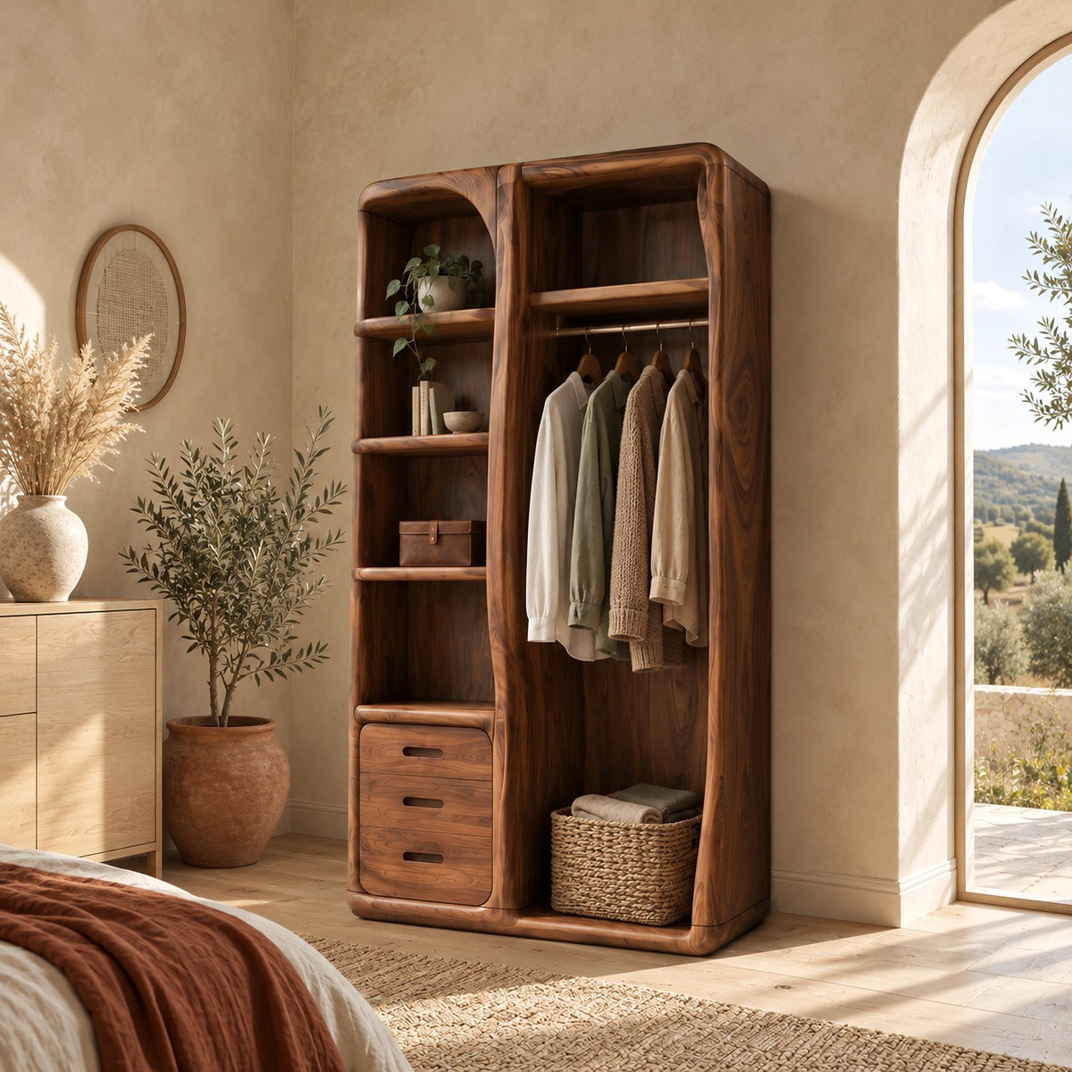 Japandi Open Solid Wood Wardrobe With Rounded Frame For Bedroom