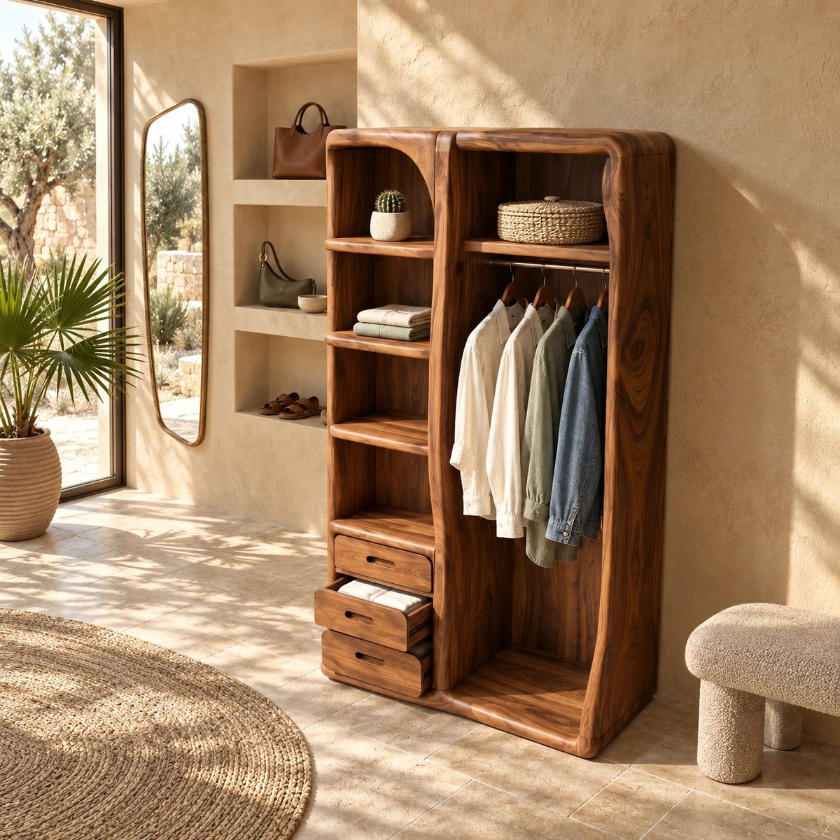 Japandi Open Solid Wood Wardrobe With Rounded Frame For Bedroom