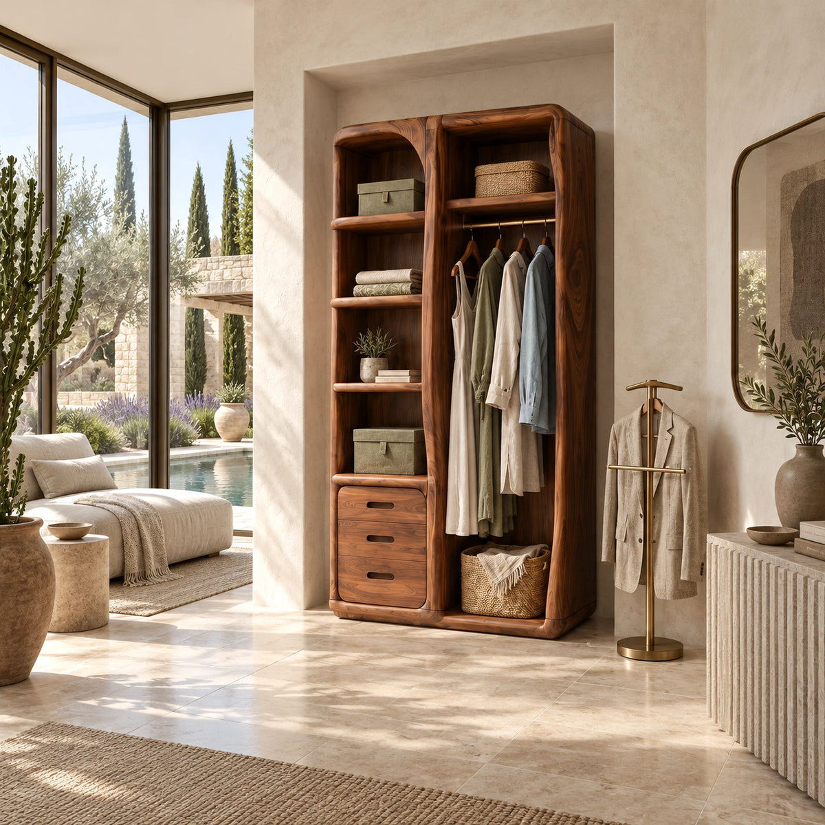 Japandi Open Solid Wood Wardrobe With Rounded Frame For Bedroom