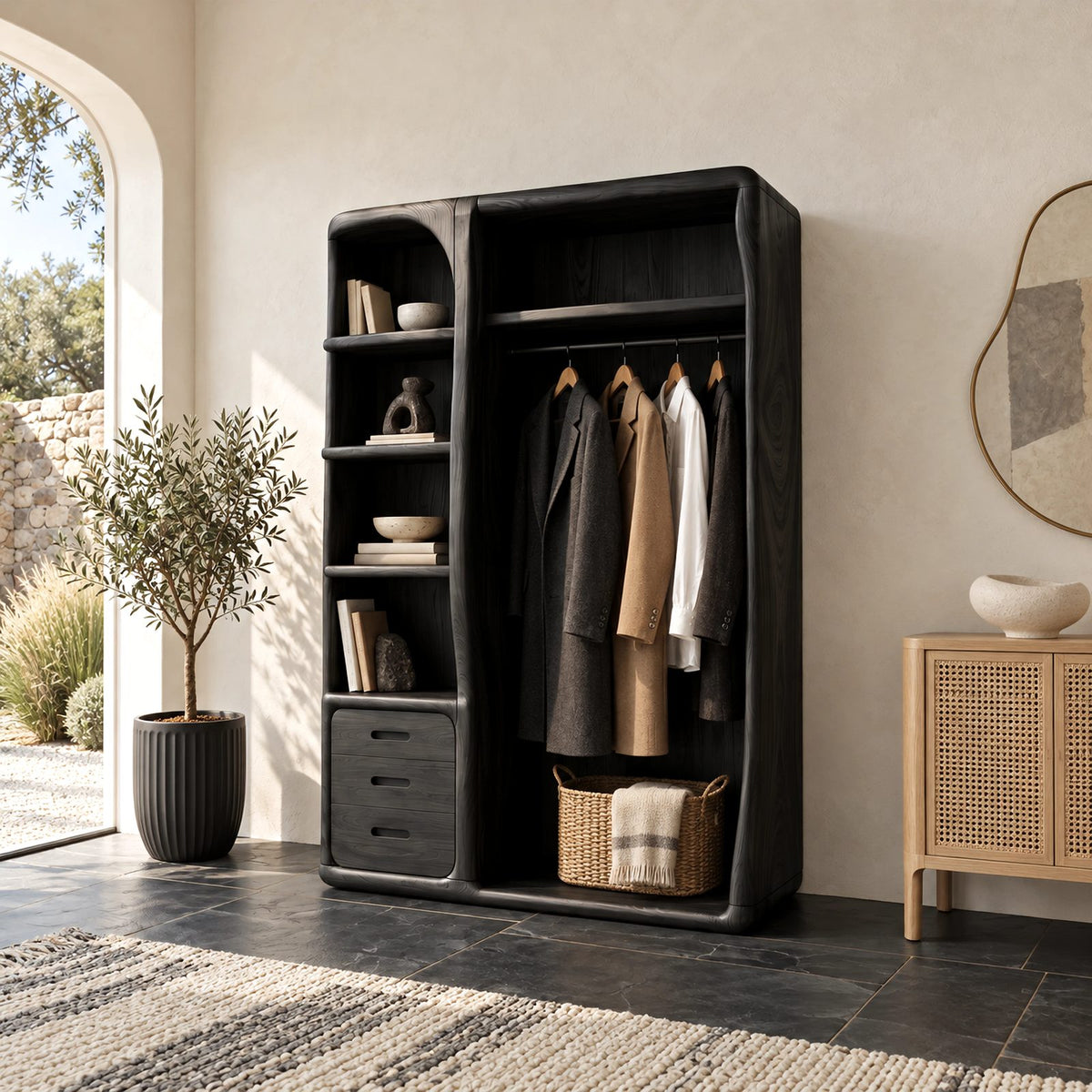 Japandi Open Solid Wood Wardrobe With Rounded Frame For Bedroom