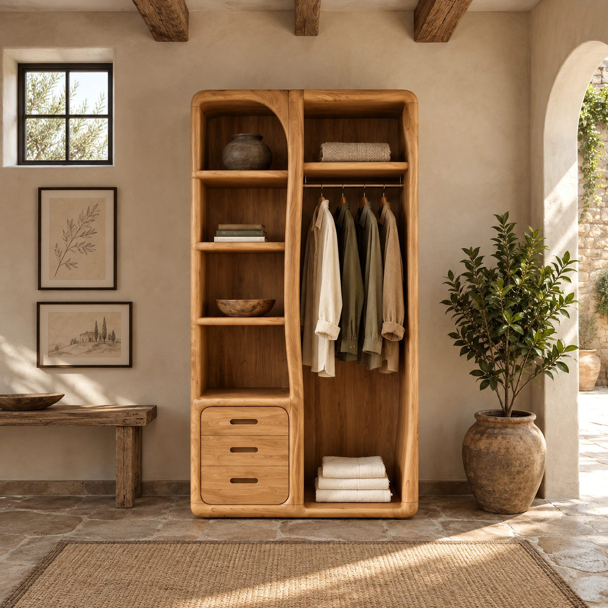Japandi Open Solid Wood Wardrobe With Rounded Frame For Bedroom