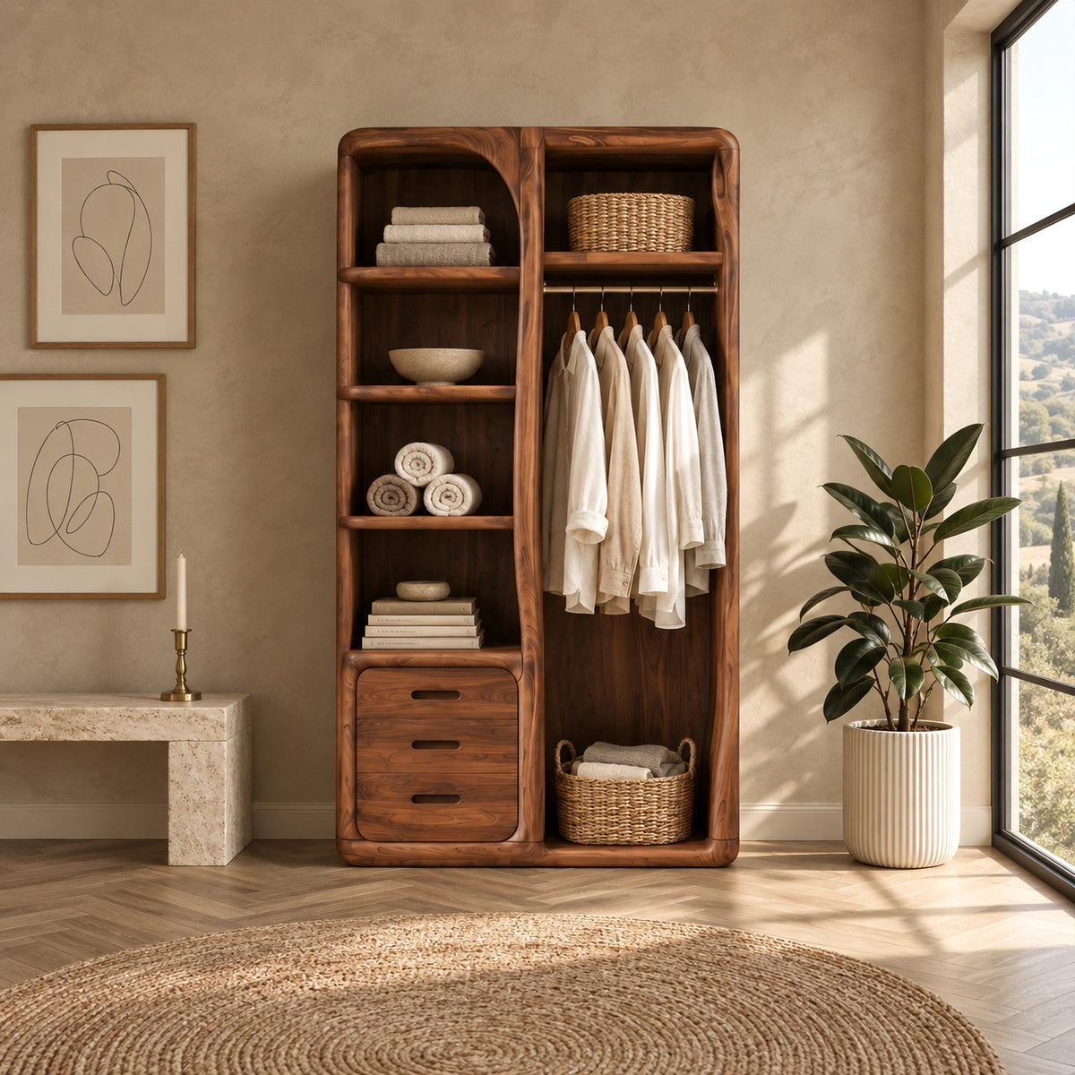 Japandi Open Solid Wood Wardrobe With Rounded Frame For Bedroom