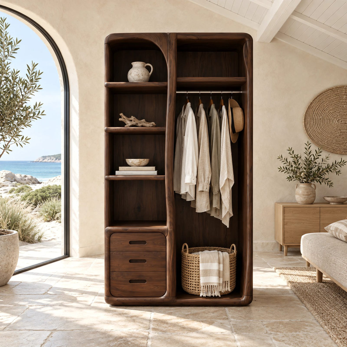 Japandi Open Solid Wood Wardrobe With Rounded Frame For Bedroom