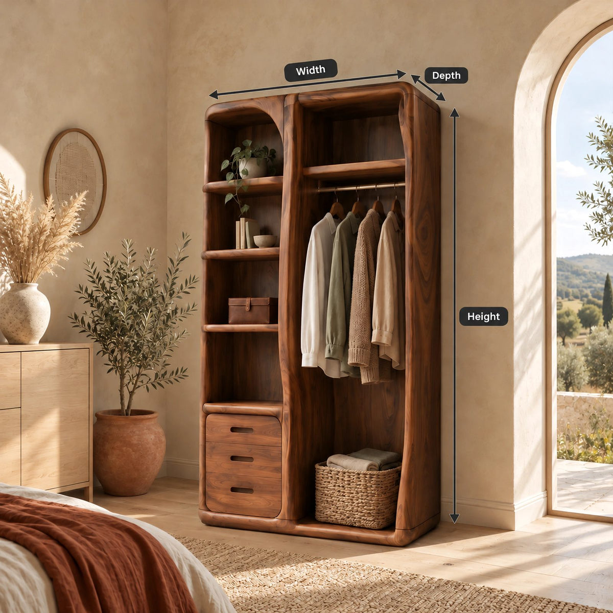 Japandi Open Solid Wood Wardrobe With Rounded Frame For Bedroom
