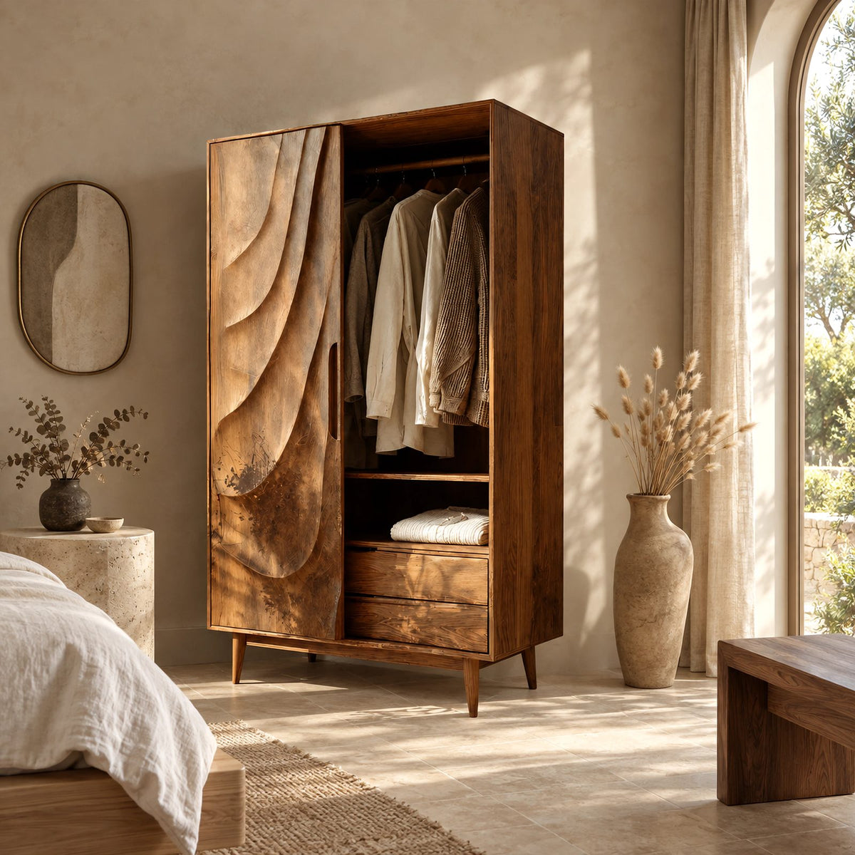 Contemporary Wooden Wardrobe With Carved Wave Door For Bedroom