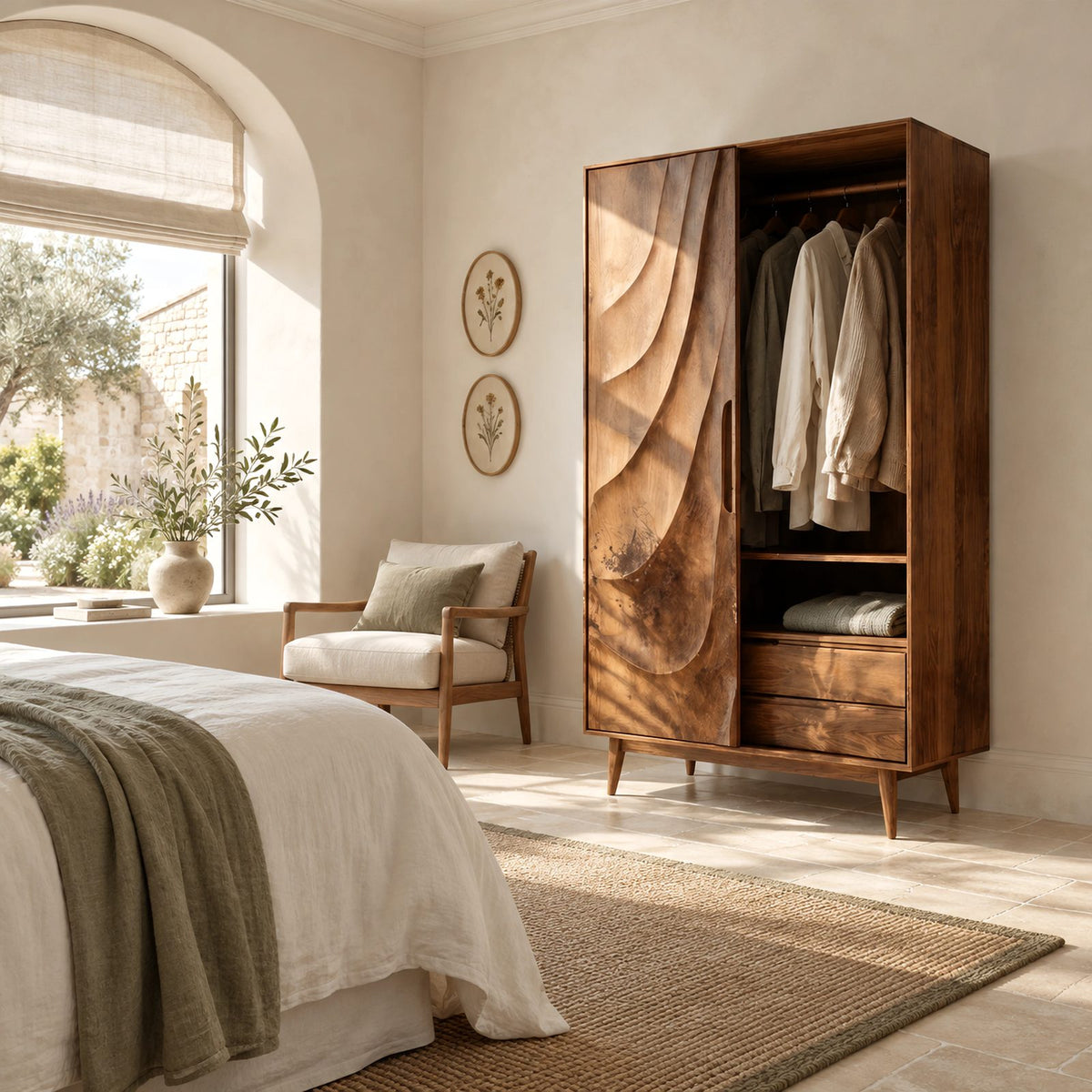 Contemporary Wooden Wardrobe With Carved Wave Door For Bedroom