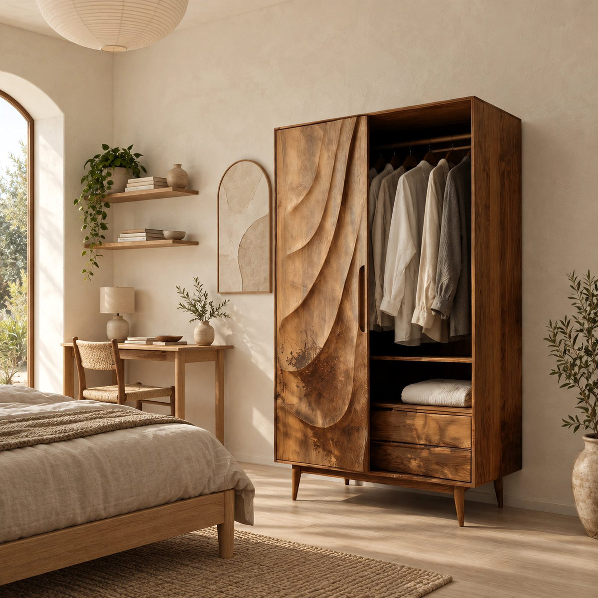 Contemporary Wooden Wardrobe With Carved Wave Door For Bedroom