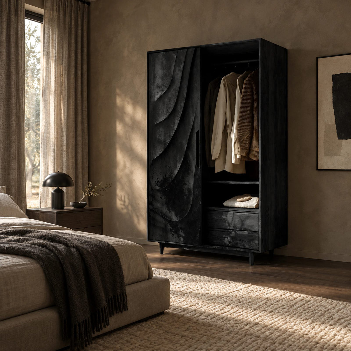 Contemporary Wooden Wardrobe With Carved Wave Door For Bedroom