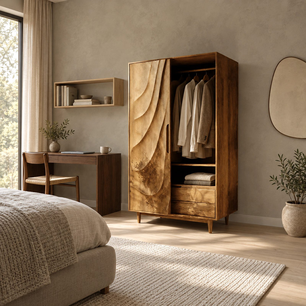 Contemporary Wooden Wardrobe With Carved Wave Door For Bedroom