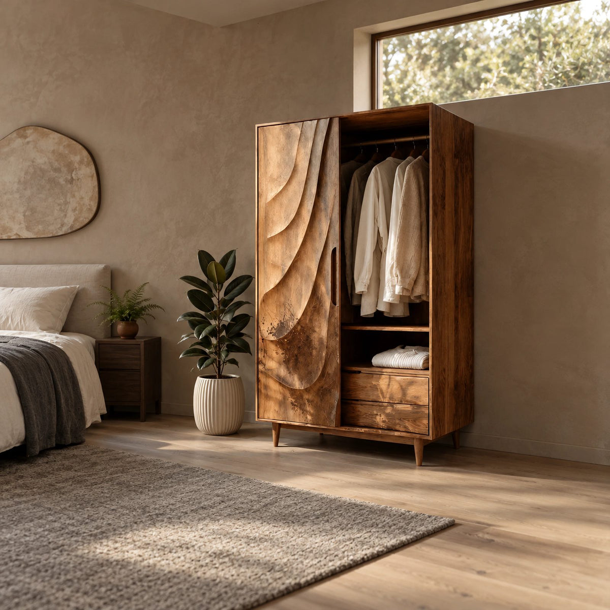 Contemporary Wooden Wardrobe With Carved Wave Door For Bedroom
