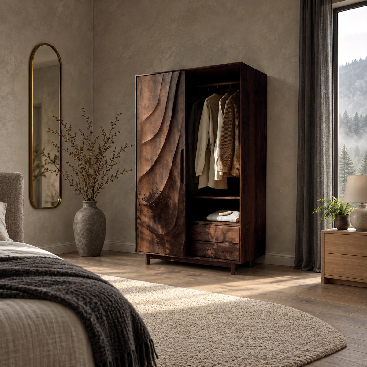 Contemporary Wooden Wardrobe With Carved Wave Door For Bedroom