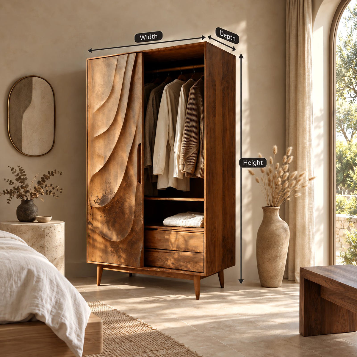 Contemporary Wooden Wardrobe With Carved Wave Door For Bedroom