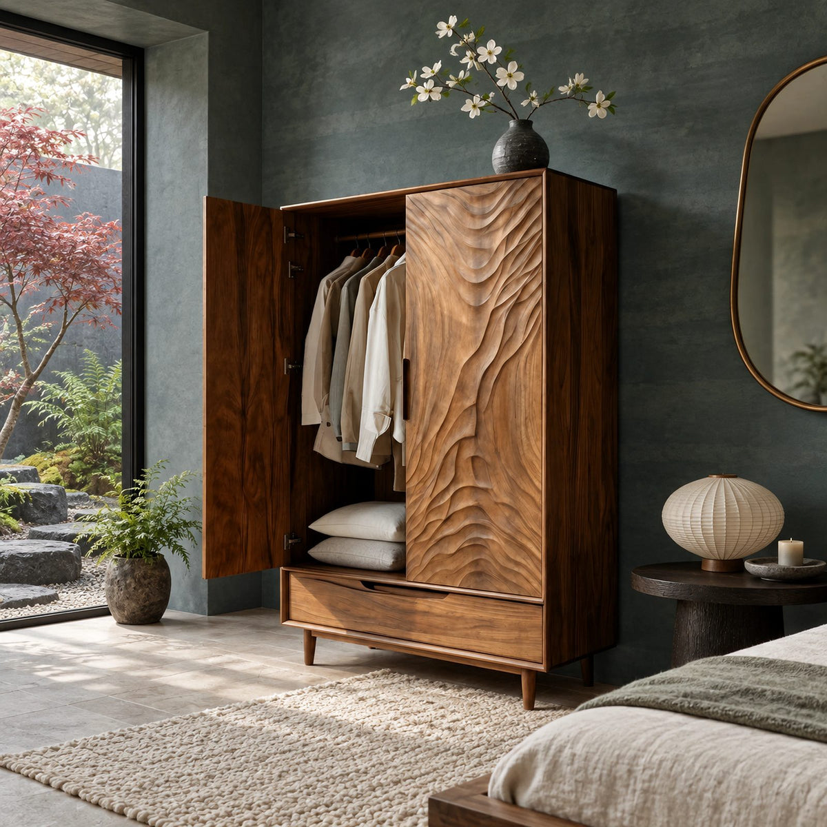 Handcrafted Two Door Wooden Wardrobe With Carved Ripple Front For Bedroom