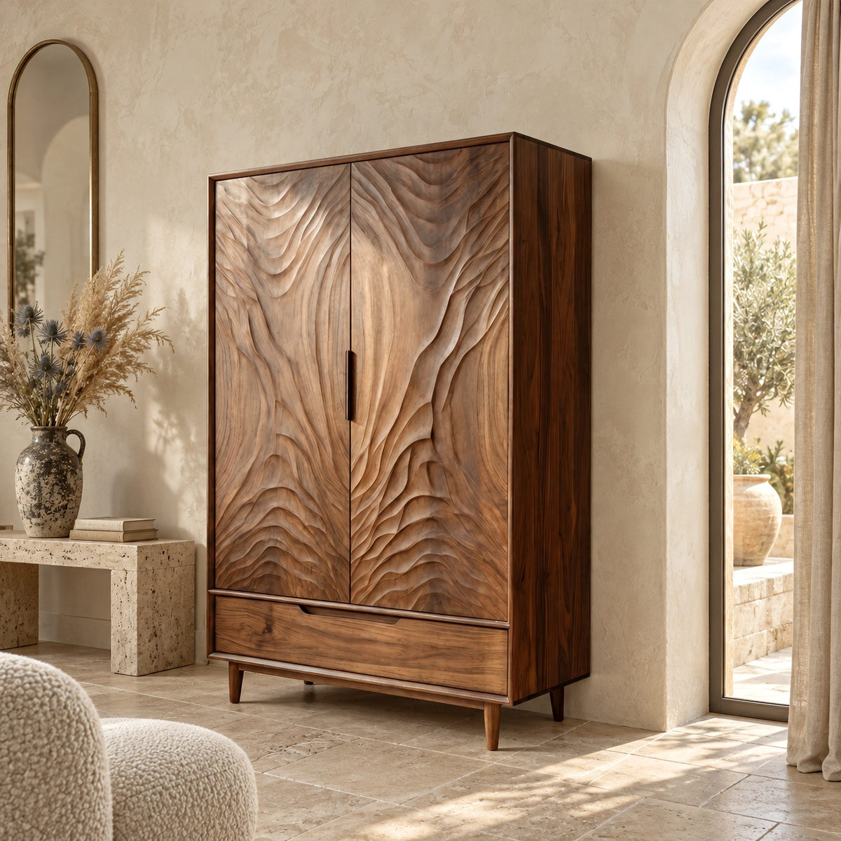 Handcrafted Two Door Wooden Wardrobe With Carved Ripple Front For Bedroom