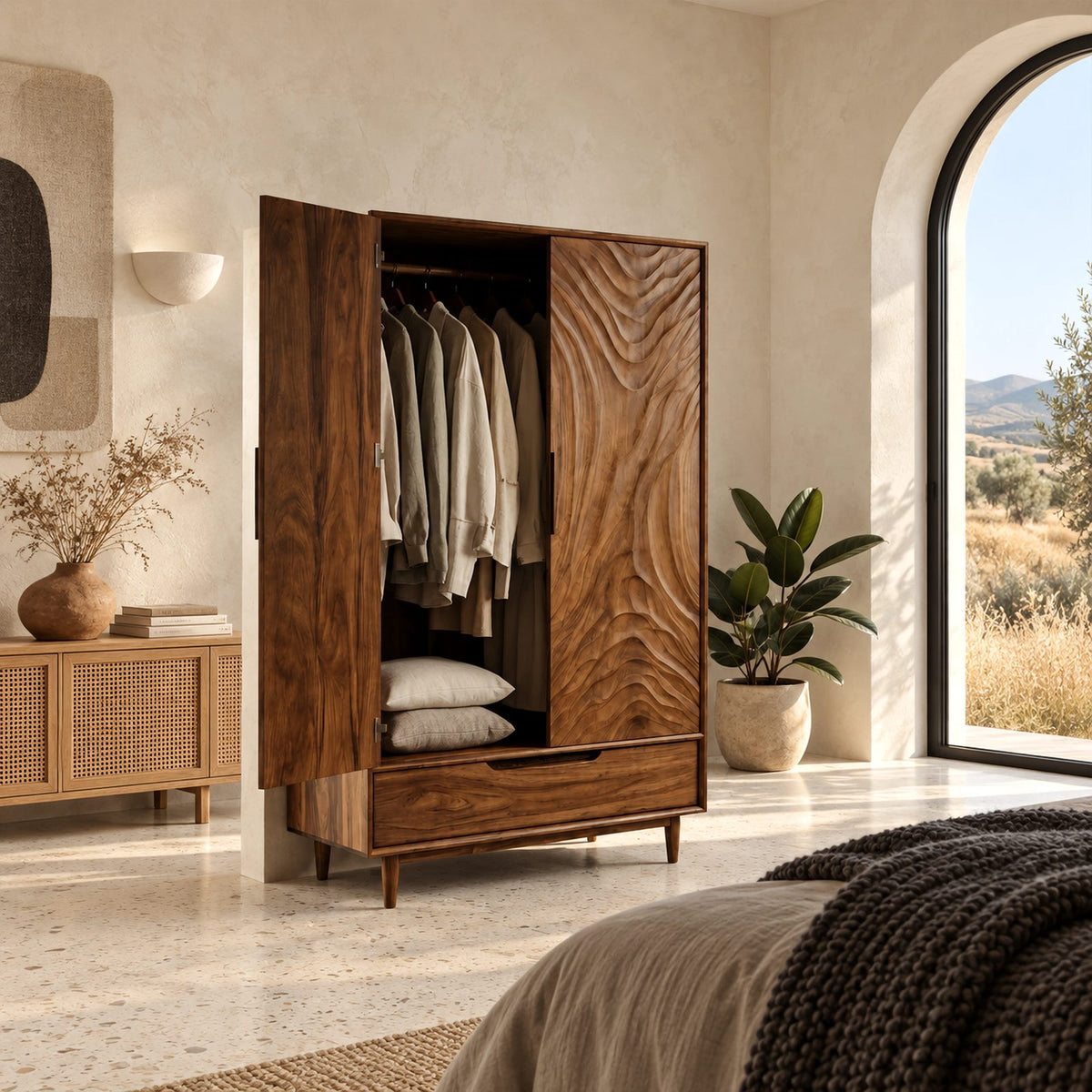 Handcrafted Two Door Wooden Wardrobe With Carved Ripple Front For Bedroom