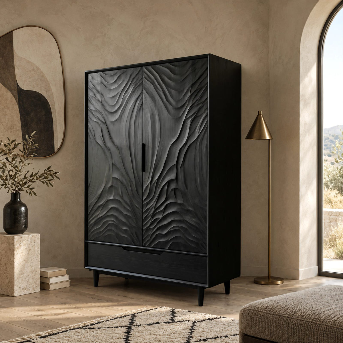 Handcrafted Two Door Wooden Wardrobe With Carved Ripple Front For Bedroom
