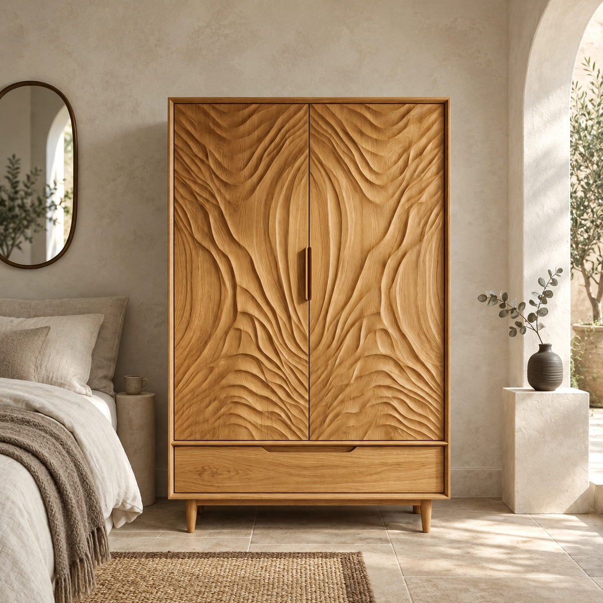Handcrafted Two Door Wooden Wardrobe With Carved Ripple Front For Bedroom