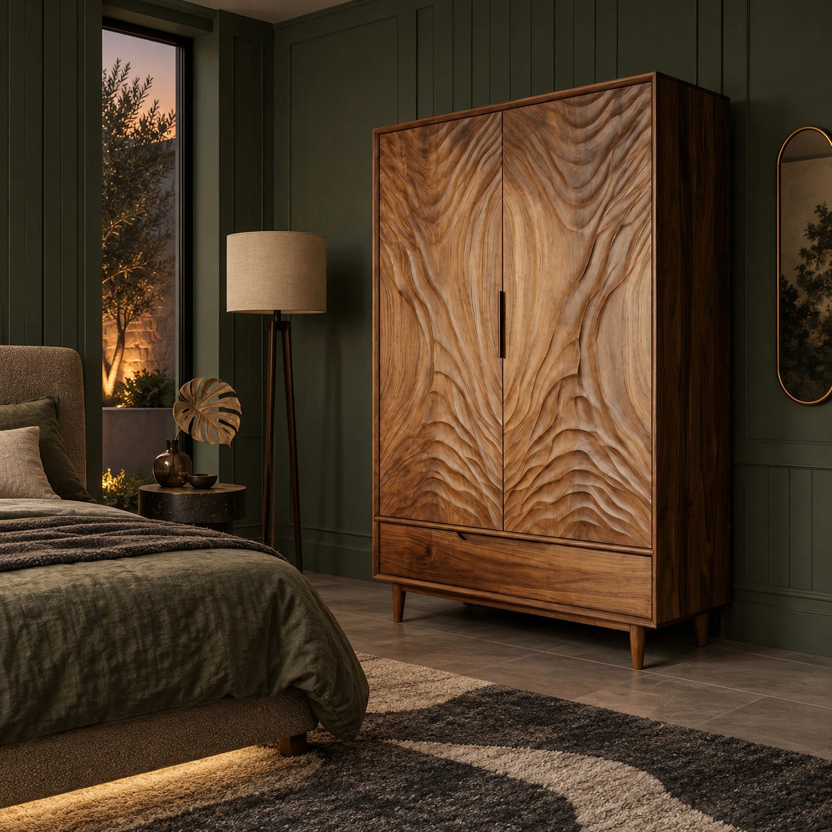 Handcrafted Two Door Wooden Wardrobe With Carved Ripple Front For Bedroom