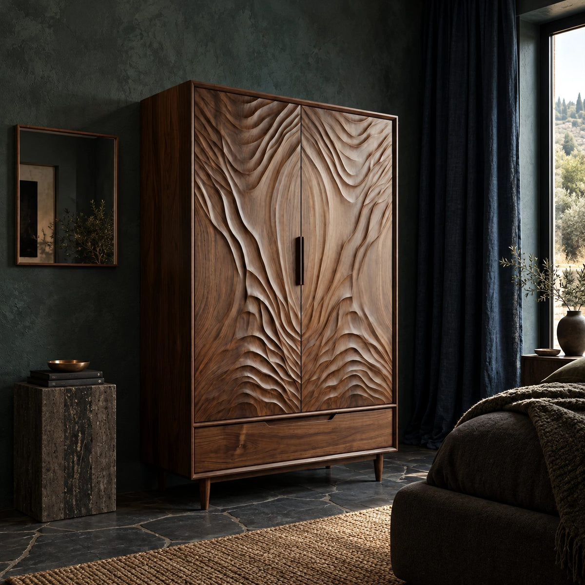 Handcrafted Two Door Wooden Wardrobe With Carved Ripple Front For Bedroom