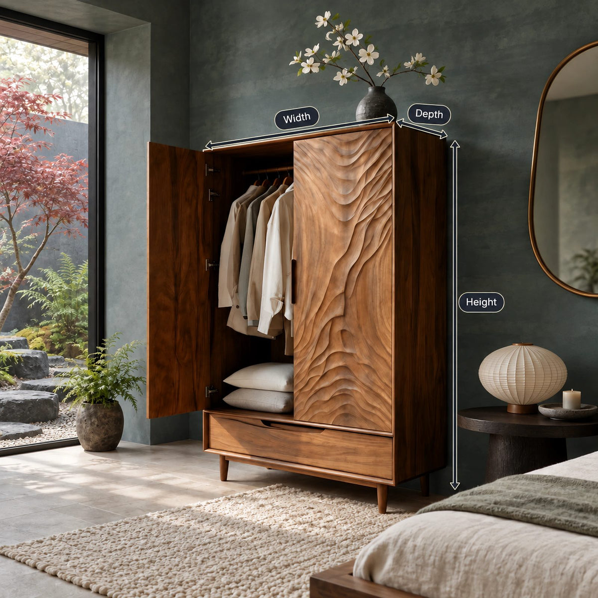 Handcrafted Two Door Wooden Wardrobe With Carved Ripple Front For Bedroom