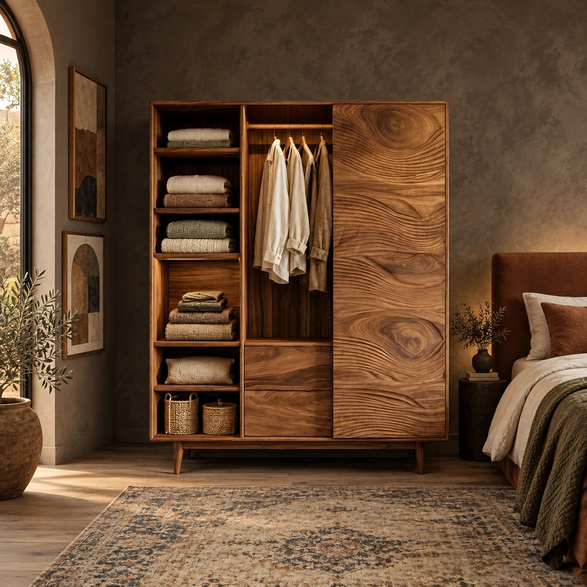Mid Century Solid Wood Wardrobe With Open Linen Shelves For Bedroom