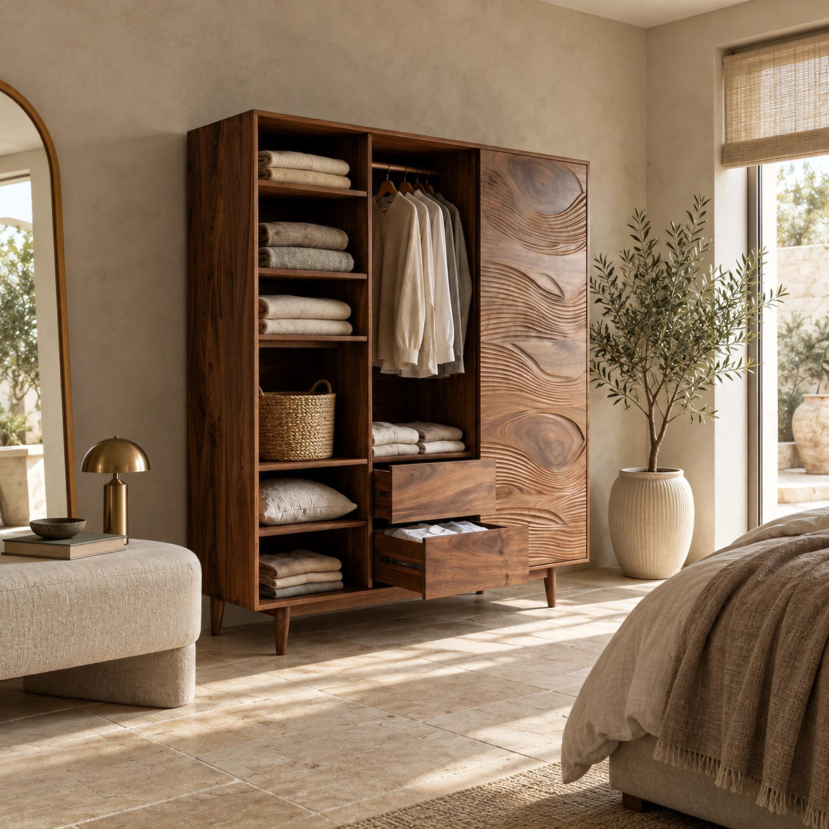 Mid Century Solid Wood Wardrobe With Open Linen Shelves For Bedroom