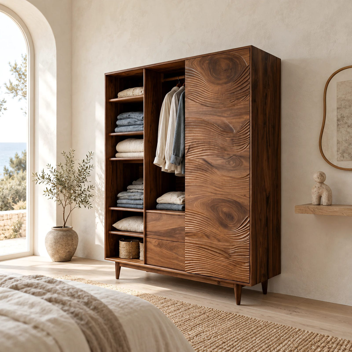 Mid Century Solid Wood Wardrobe With Open Linen Shelves For Bedroom