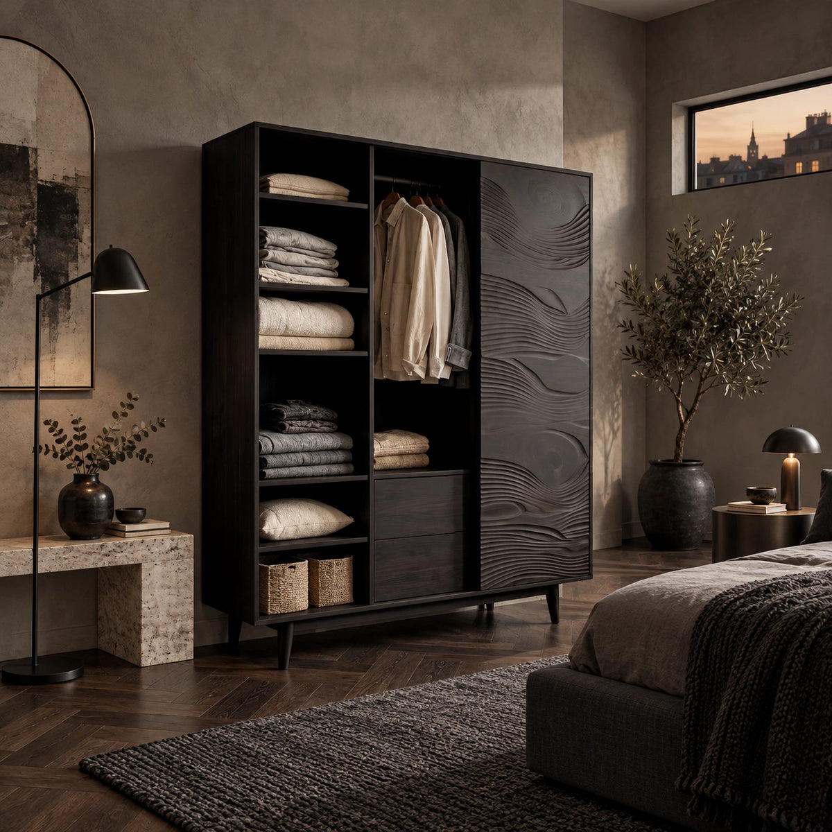 Mid Century Solid Wood Wardrobe With Open Linen Shelves For Bedroom