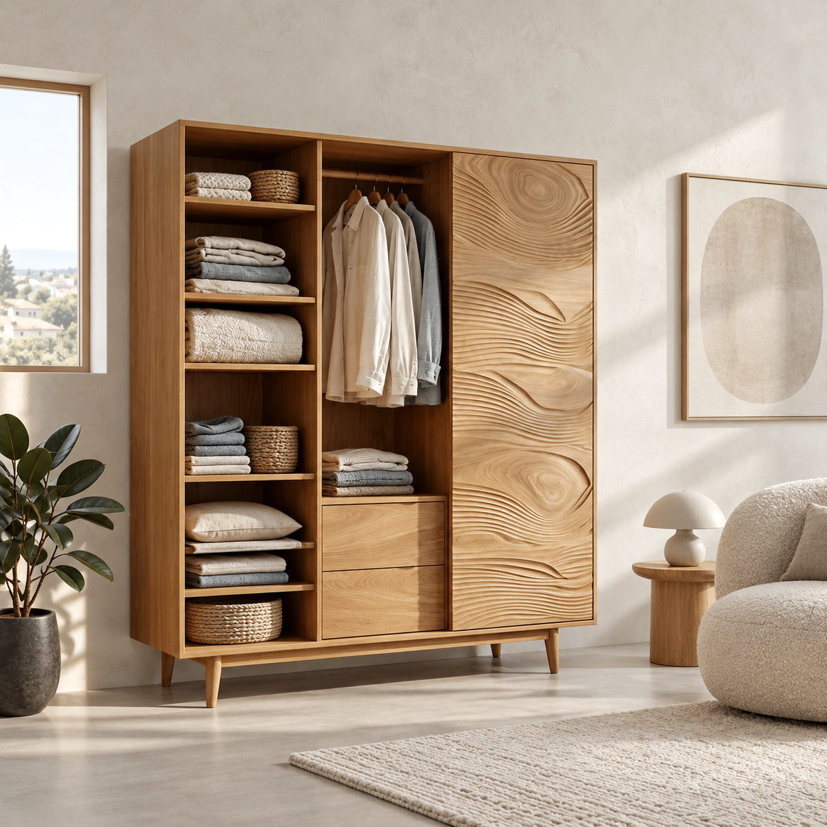 Mid Century Solid Wood Wardrobe With Open Linen Shelves For Bedroom