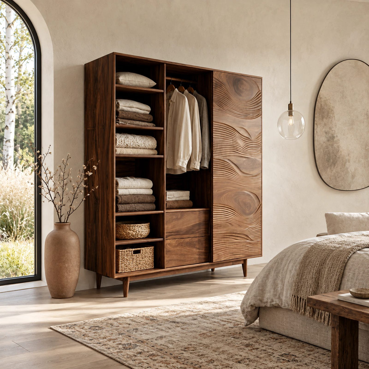 Mid Century Solid Wood Wardrobe With Open Linen Shelves For Bedroom
