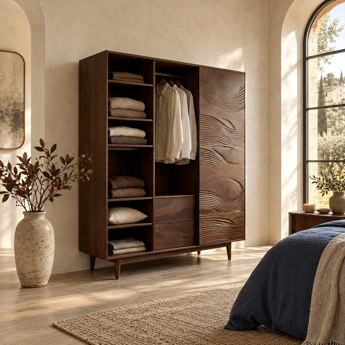 Mid Century Solid Wood Wardrobe With Open Linen Shelves For Bedroom