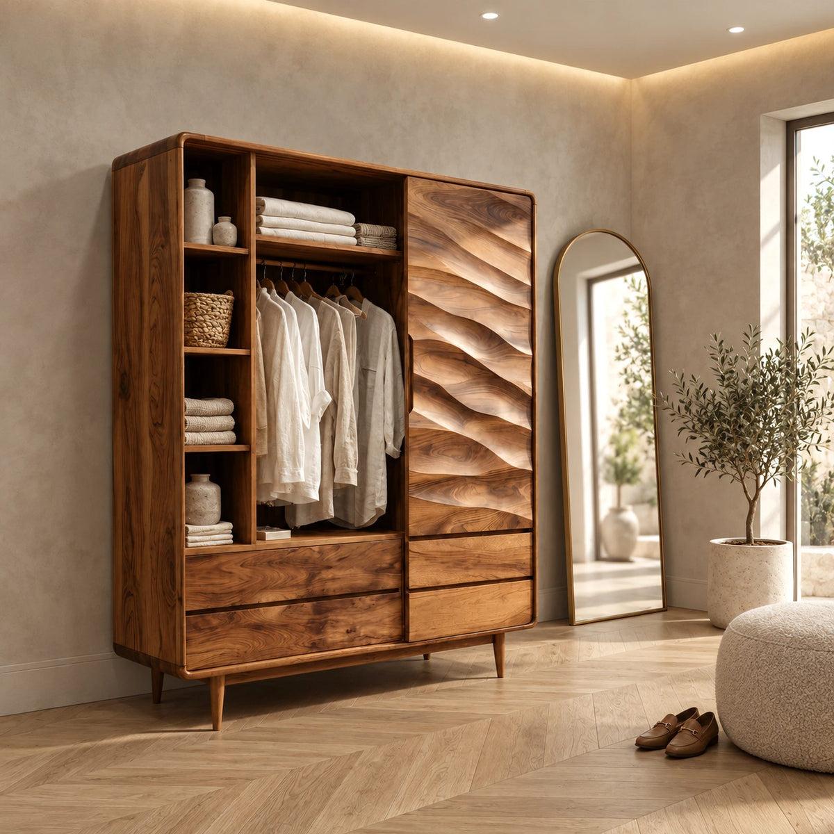 Handcrafted Solid Wood Wardrobe With Carved Wave Door For Bedroom