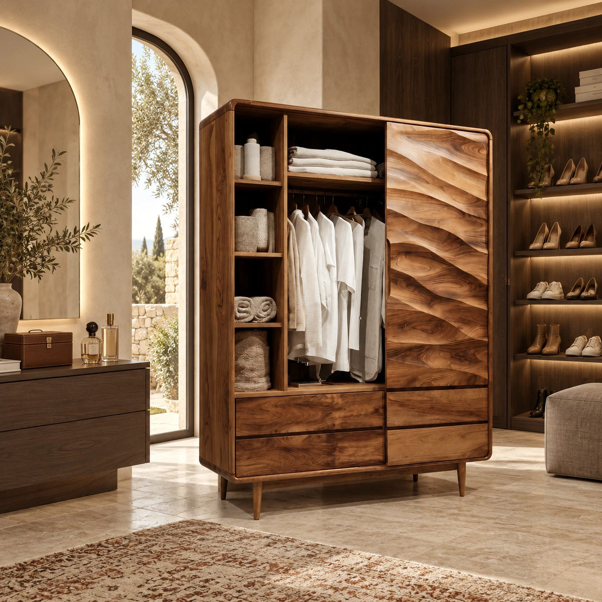 Handcrafted Solid Wood Wardrobe With Carved Wave Door For Bedroom
