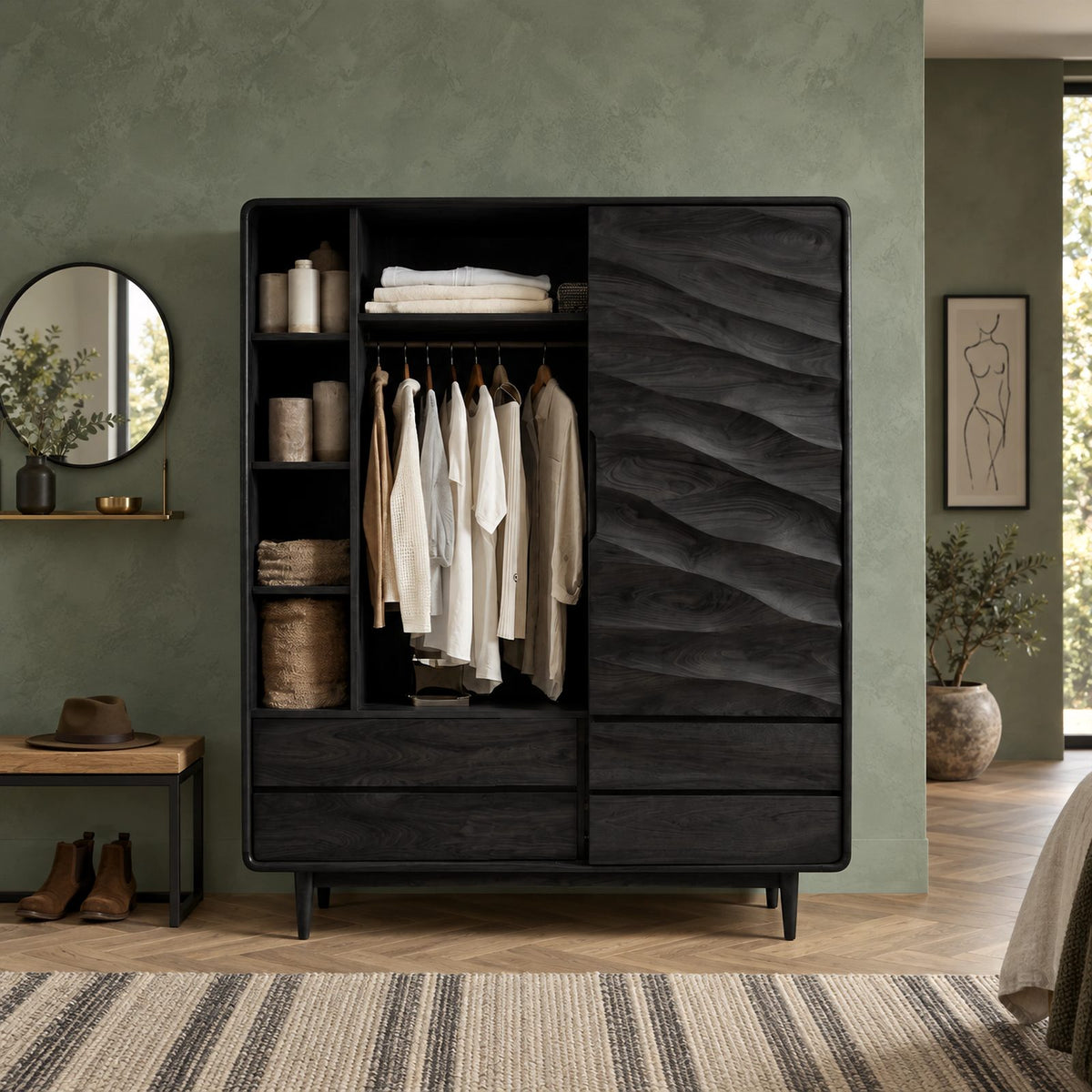 Handcrafted Solid Wood Wardrobe With Carved Wave Door For Bedroom